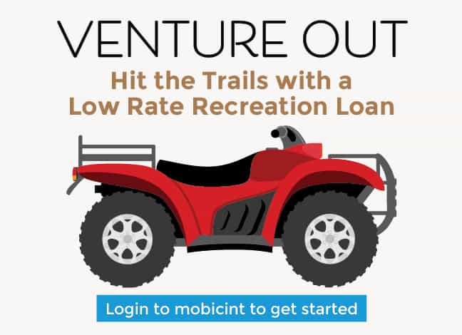 Image of a motorcyle in the woods. Images says hit the trail with a recreation loan