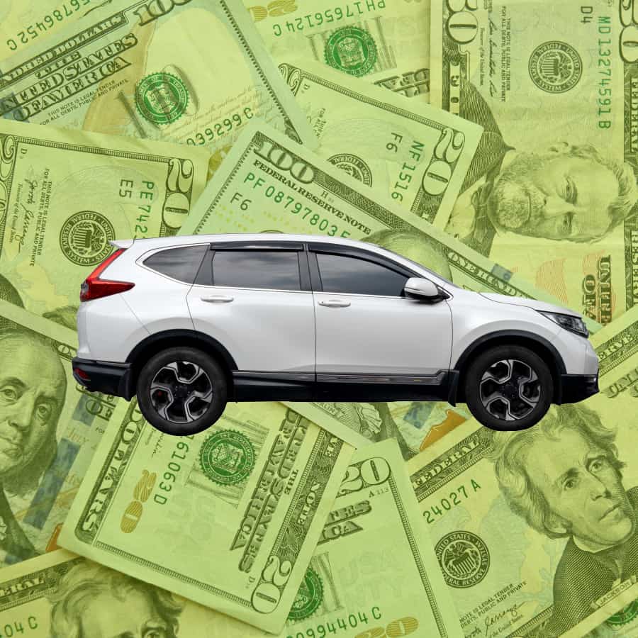 Graphic car with money behind it.