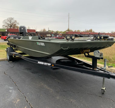2016 Alweld 1856JC Aluminum angle from the front. Boat is dark army green with mercury motor